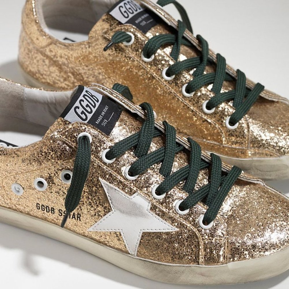Golden Goose Gold Glitter SuperStar Green Lace Sneaker EU 40